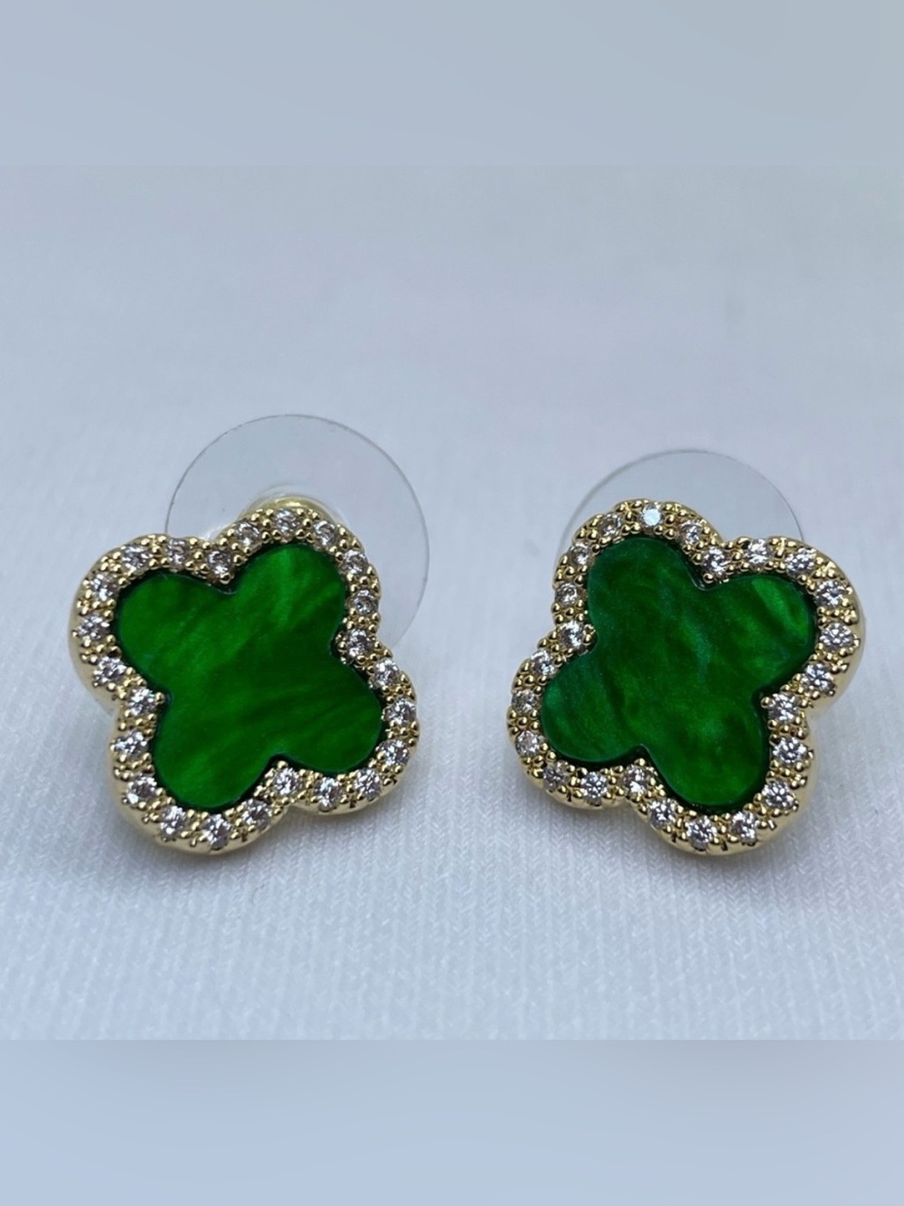 Gold Plated Sterling Silver Green Clover CZ Stud Earrings Lucky Luxe